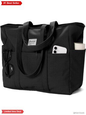 Large Cotton Canvas Tote Bag with Zipper Pockets Laptop Sleeve Travel Work Beach